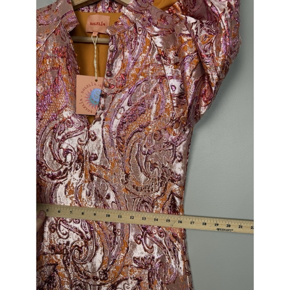 Solelia Cleo Golden Flame Metallic Paisley Brocade Dress XS Boho Luxe NWT - Picture 13 of 16